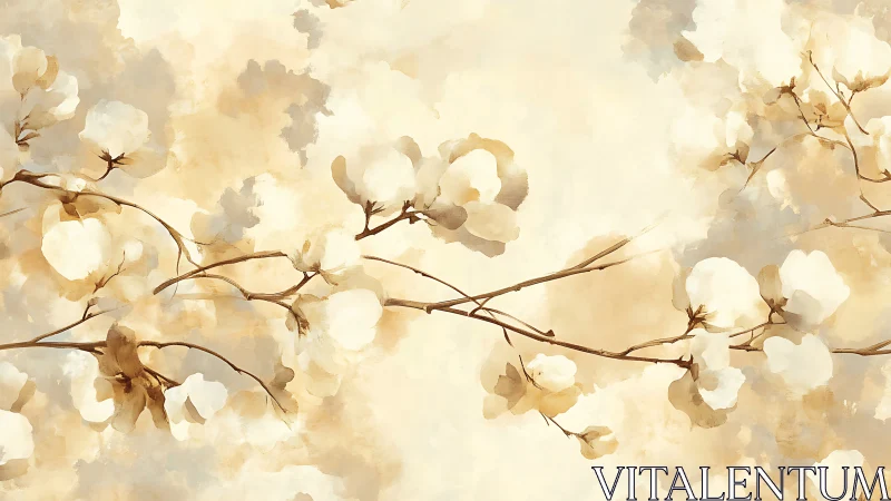 Delicate Cotton Flower Branches in Soft Watercolor Style.