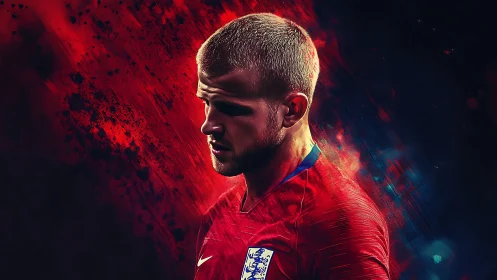 Football player in red England kit rendered with vivid lighting