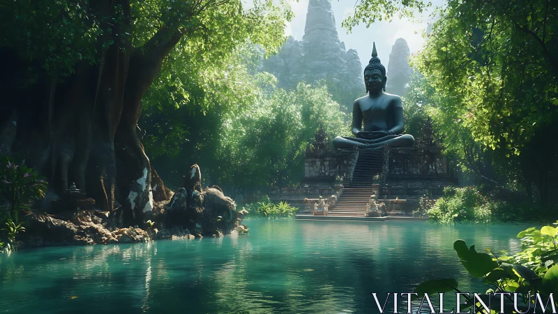 Large seated Buddha statue above turquoise jungle pool in soft volumetric light