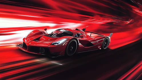 Aerodynamic hypercar in red vector-speed motion tunnel.