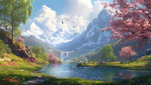 Peaceful spring valley beneath glowing snowy mountains.