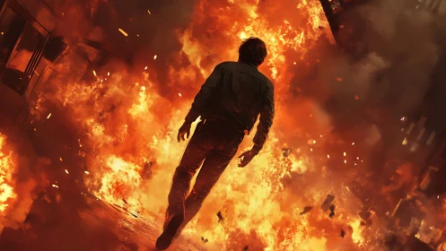 Figure Running Through Intense Fire and Explosion