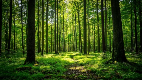 Sunlit Green Forest Path With Tall Trees In Natural Landscape.
