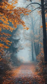 Misty Autumn Path Through Golden Woods.