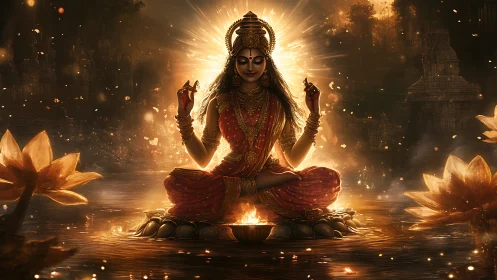 Radiant river goddess in molten gold meditation bloom.