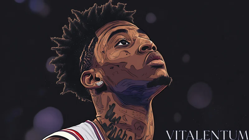 Starlit courtside gaze of a rising baller in bold ink.