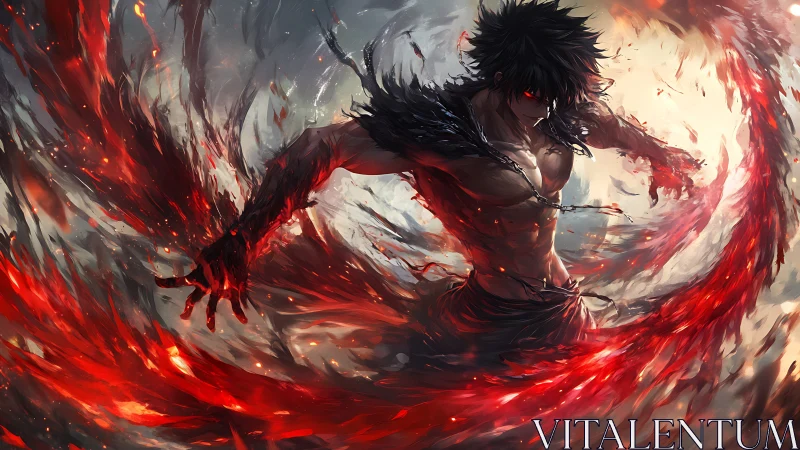 Dark elemental warrior channels spiraling crimson energy arcs