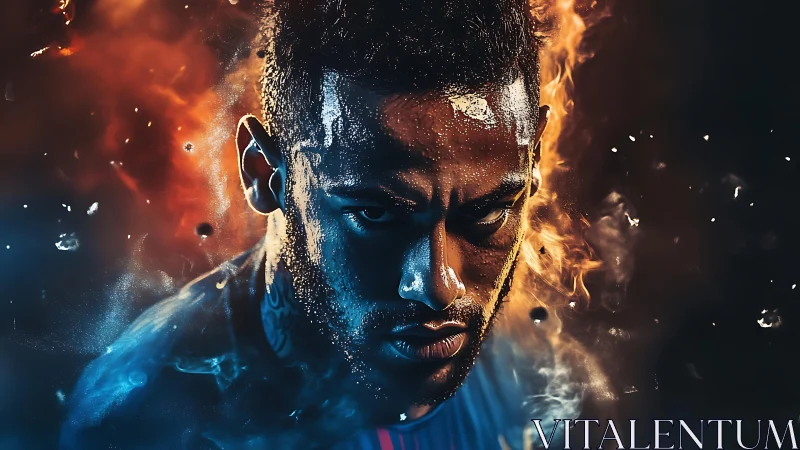 Bifurcated thermal portrait with fire‑ice atmospheric effects.