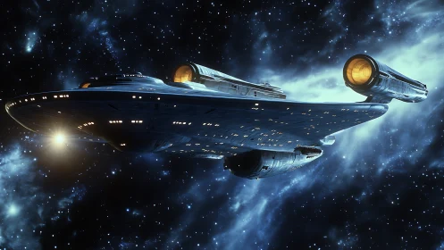 Star cruiser gliding through luminous deep space nebula.