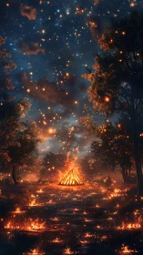 Celestial Bonfire in Enchanted Forest Clearing.