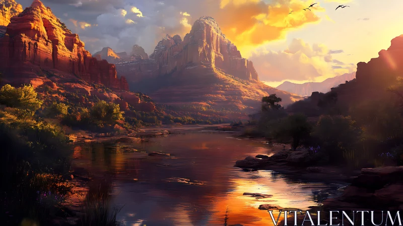 Digital painting of sunset canyon river with atmospheric depth.