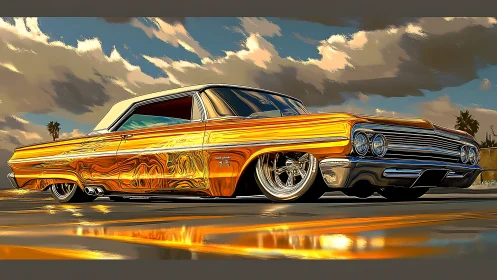 Lowrider Chevrolet glides along reflective sunset boulevard