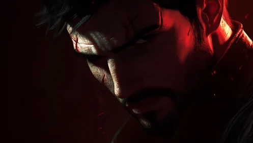 Scarred man glares under red rim light in dark closeup