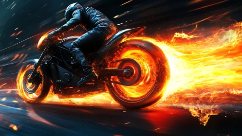 Blazing motorcycle rider racing through a trail of fire.