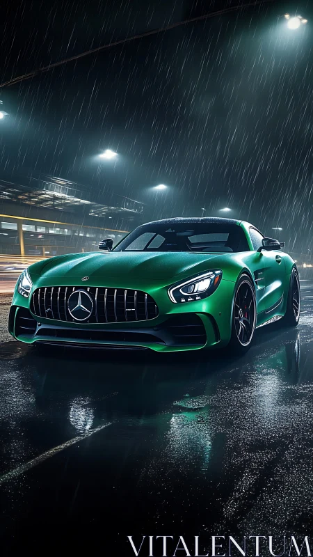 Emerald sports car glowing on a rainy city street at night.