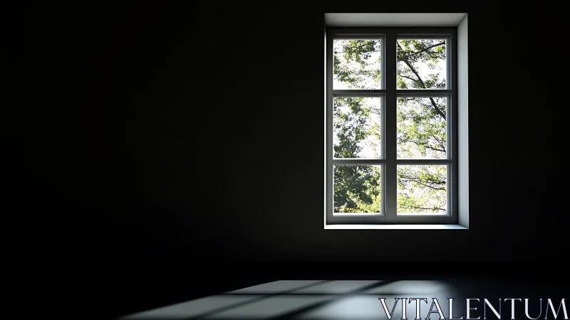 Sunlit window casting sharp shadows into dark interior.