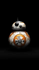 3D spherical droid portrait on deep black negative space.