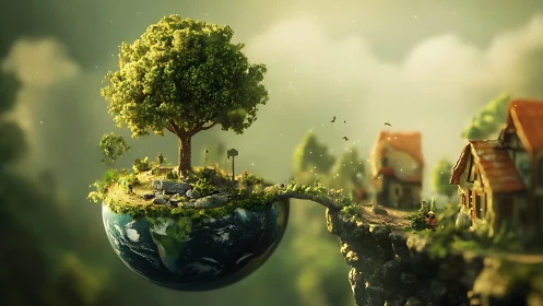 Floating miniature earth island with tree and village bridge.