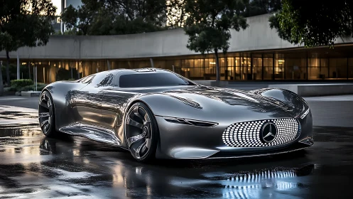 Gleaming silver concept car glides through a sleek city plaza