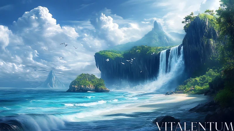 Majestic Coastal Waterfall: Cliff Cascade into Turquoise Seas.