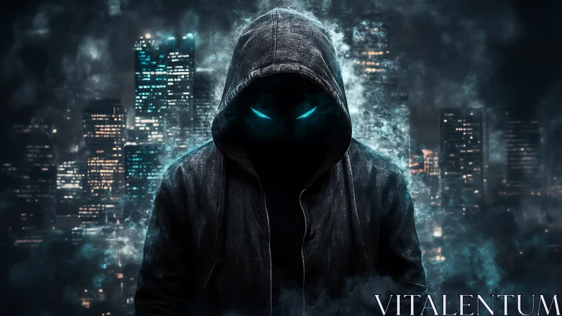 Hooded cyber phantom stalks neon city in electric haze.