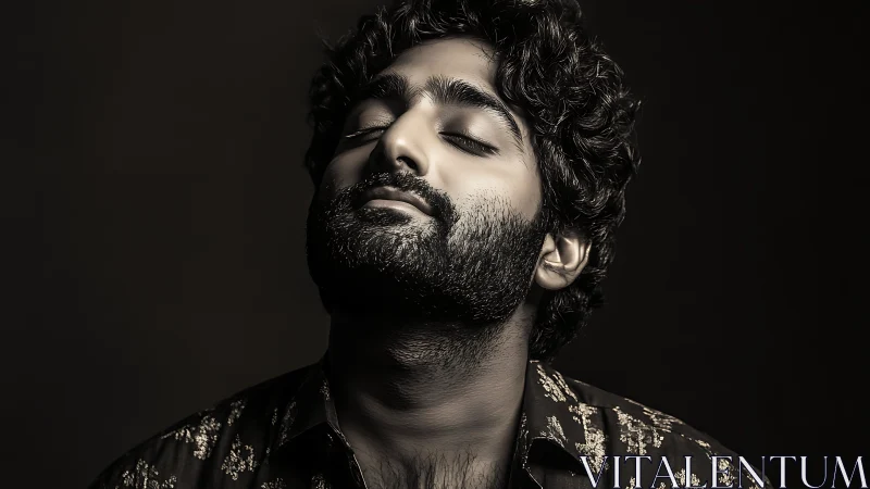 Bearded man in patterned shirt with closed eyes portrait.