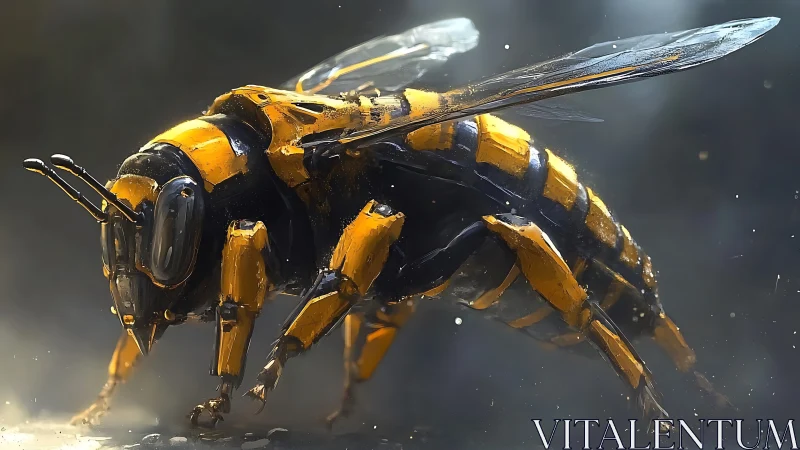 Titan mech-hornet strides through misty metallic dawn.