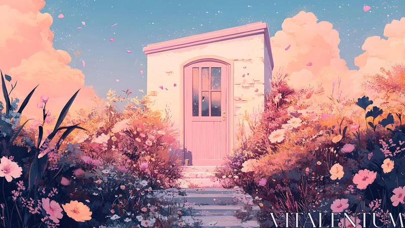 Small pastel house with central door in dense flower garden.