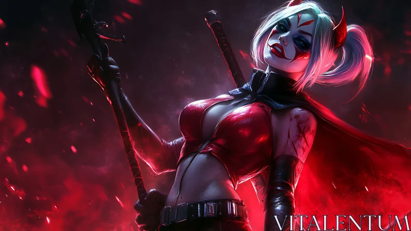 Demonic warrior portrait in high-contrast neon red lighting