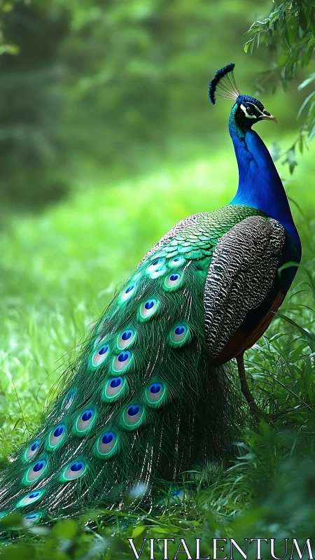 Optically saturated peacock plumage in shallow-forest bokeh field.