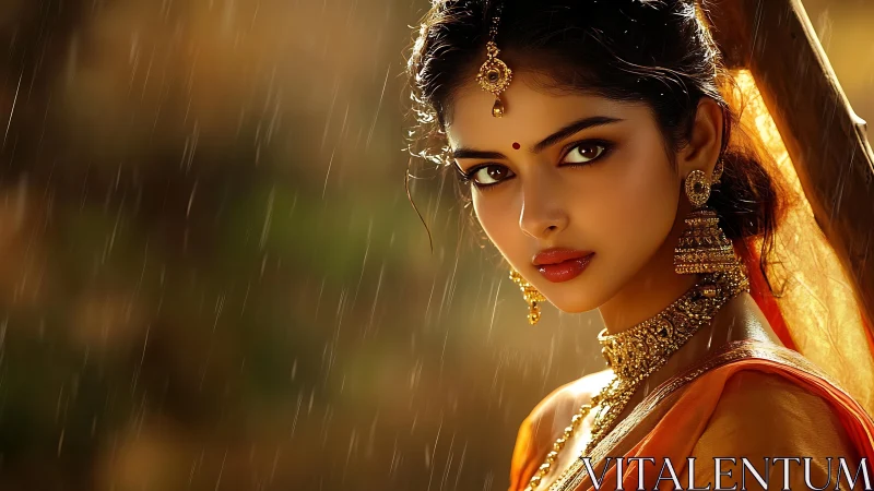 High-fidelity digital portrait of jeweled woman in monsoon rain.