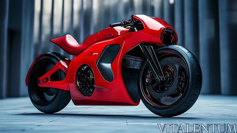 Futuristic red sport motorcycle in minimal urban setting.