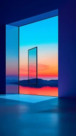 Geometric window frames serene neon mountain sunset view.