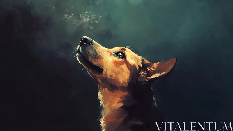Oblique-lit dog portrait uses chiaroscuro and textured brushwork precisely