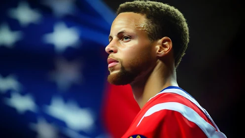 Basketball player portrait before blurred flag backdrop.