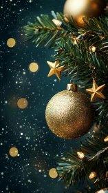 Golden holiday bauble glowing softly on snowy tree branch.