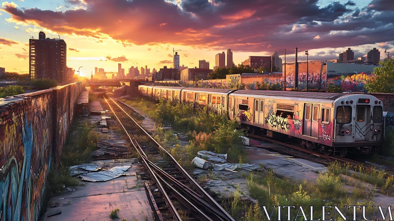 Sunset graffiti trainyard humming at the edge of the city.