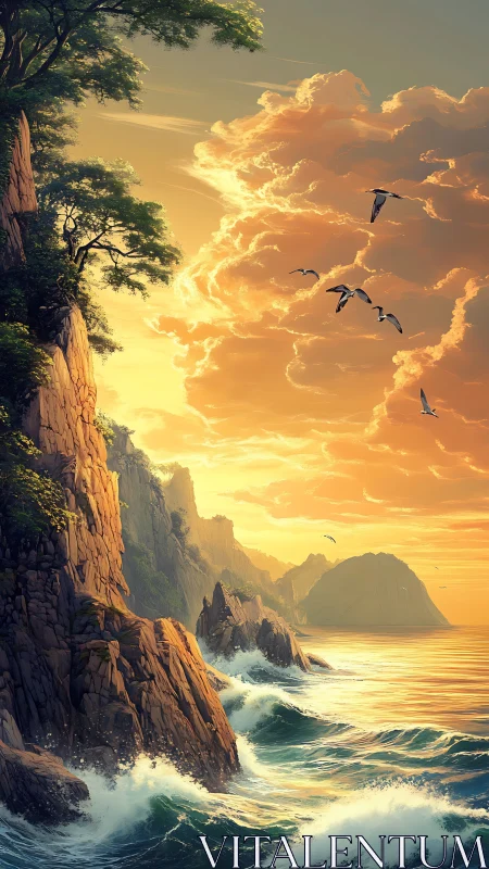 Rocky coastal cliffs with waves and distant island at dusk.