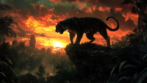 Solitary tiger on jungle cliff at intense red sunset.