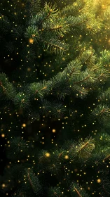 Conifer branches with dispersed yellow light particles at night.