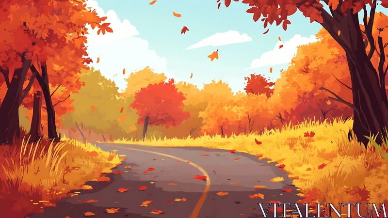 Vector illustration depicting autumn landscape road with layered foliage and atmospheric perspective