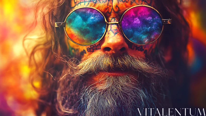 Tattooed bearded man in vivid psychedelic sunglasses portrait.