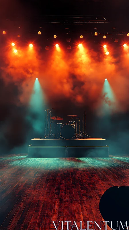 Cozy drum stage glowing under warm orange and teal lights.