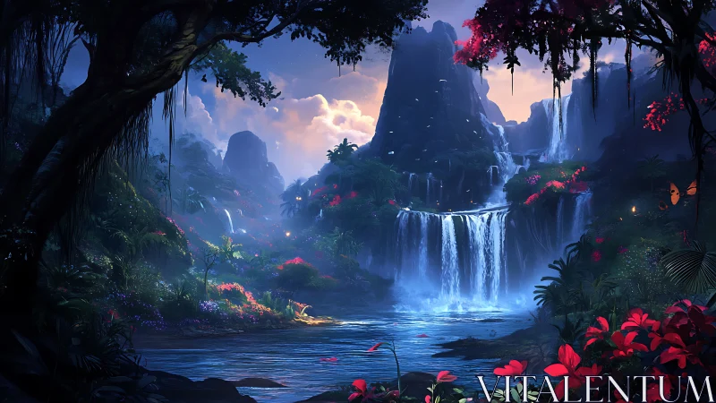 Luminescent rainforest waterfalls under twilight sky.