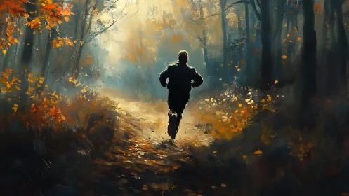 Solitary runner moves through a golden, misty autumn forest