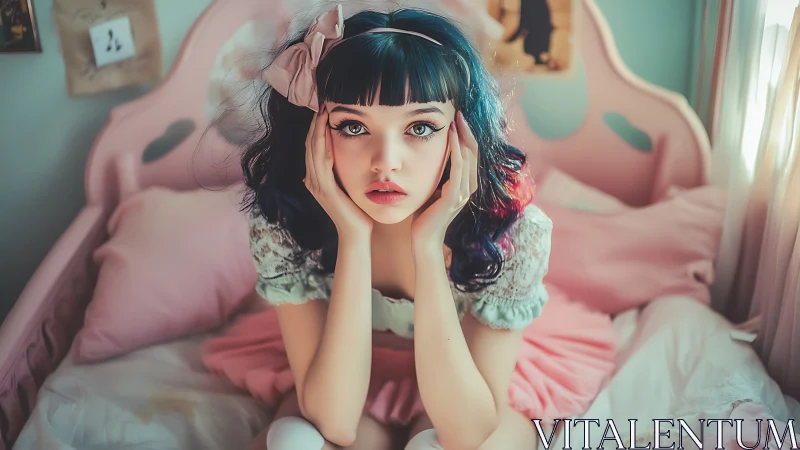 Pastel daydreamer perched on a cotton-candy bedroom throne.