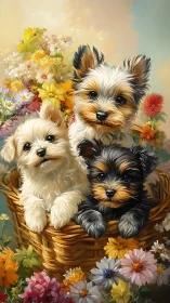 Triangular puppy grouping in wicker basket amid dense florals