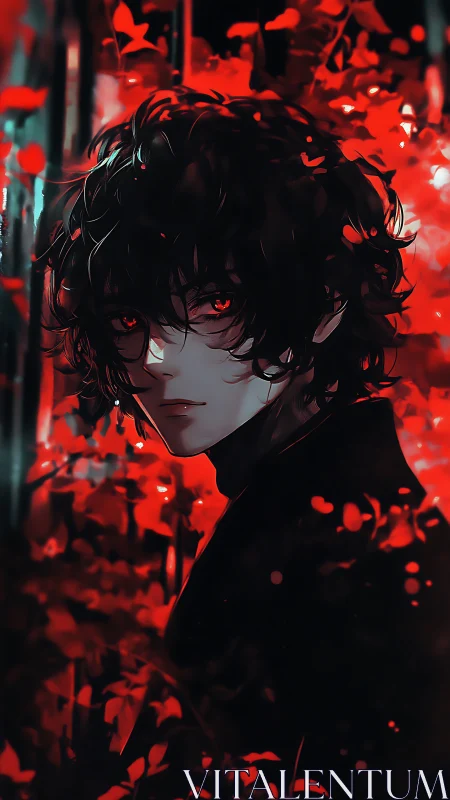 Dark-haired figure stands amid dense red foliage at night