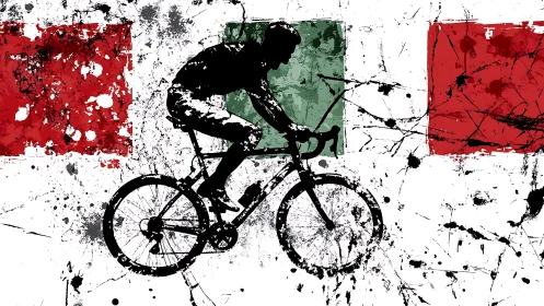 Grunge cycling silhouette over abstract Italian tricolour field.
