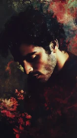 Moody floral portrait with brooding male figure in shadow.